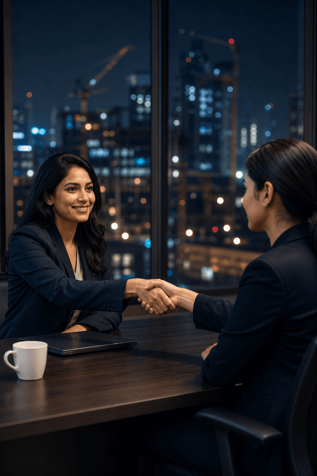 Two professionals shaking hands during a night office recruitment interview